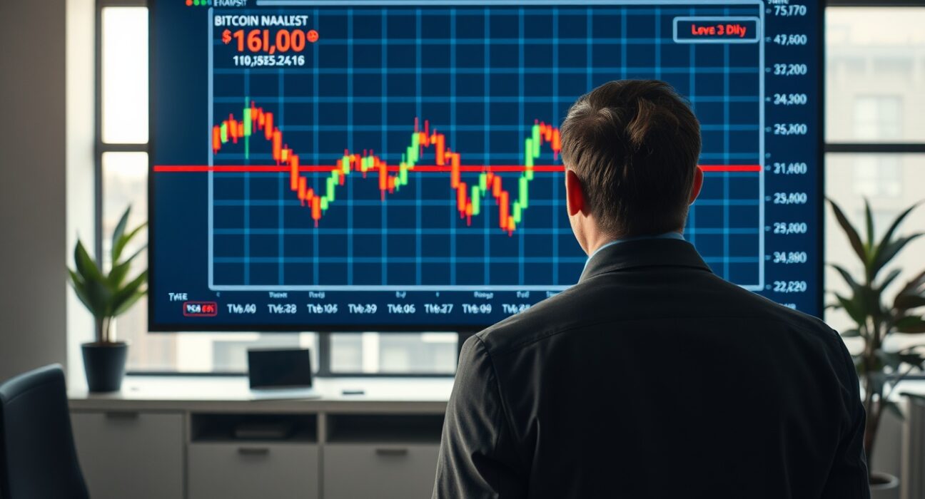 Financial analyst monitoring Bitcoin price chart showing decline in corporate holdings value