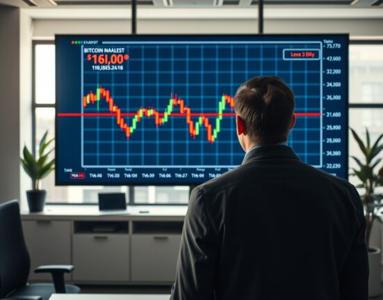 Financial analyst monitoring Bitcoin price chart showing decline in corporate holdings value