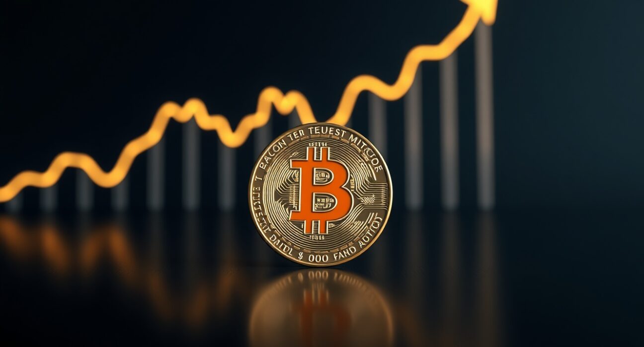 Bitcoin coin on reflective surface with chart showing correction near $80K resistance level