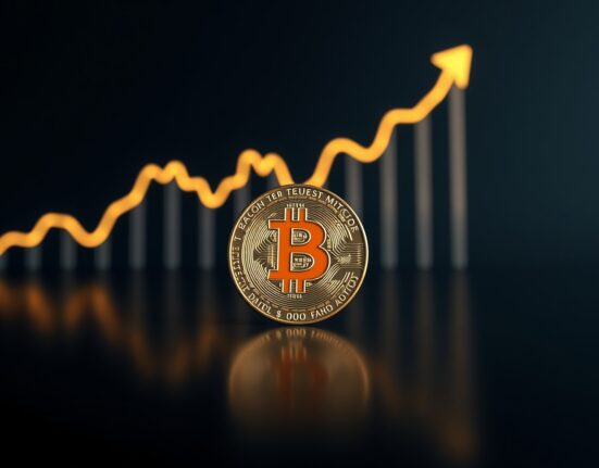 Bitcoin coin on reflective surface with chart showing correction near $80K resistance level