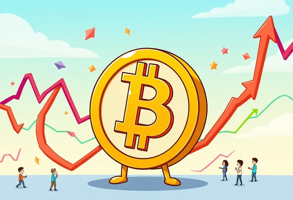 A cartoon illustration of a resilient Bitcoin symbol amidst market fluctuations, conveying a healthy Bitcoin correction and buying opportunity.