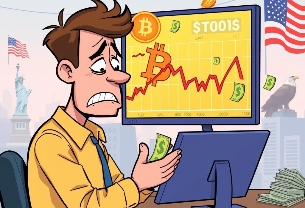 A cartoon illustration showing the impact of a Bitcoin correction on U.S. investor sentiment, reflecting weakening demand.