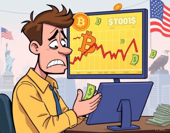 A cartoon illustration showing the impact of a Bitcoin correction on U.S. investor sentiment, reflecting weakening demand.