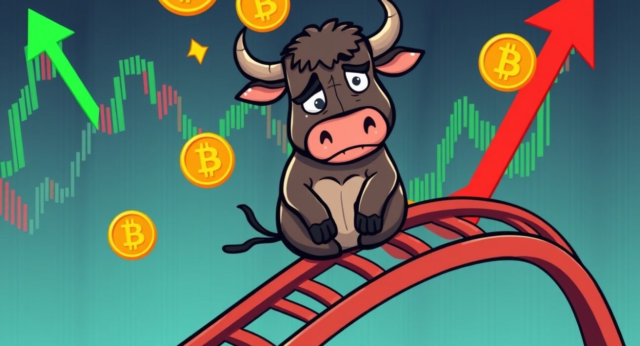 A cartoon bull on a rollercoaster depicts the predicted Bitcoin correction with dynamic market charts in the background.