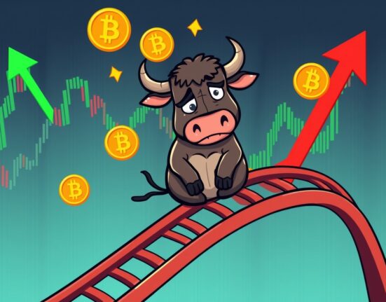 A cartoon bull on a rollercoaster depicts the predicted Bitcoin correction with dynamic market charts in the background.