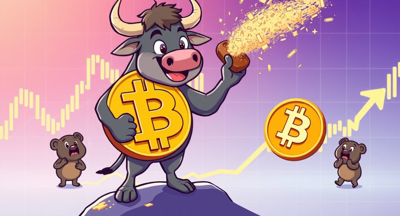 Bitcoin correction depicted as positive market adjustment with bull character cleaning Bitcoin symbol