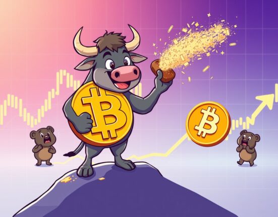 Bitcoin correction depicted as positive market adjustment with bull character cleaning Bitcoin symbol