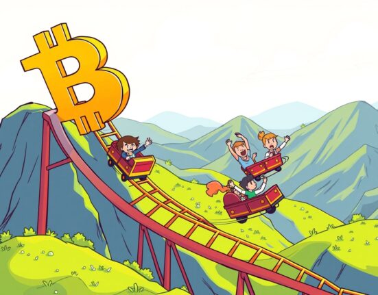 Bitcoin correction depicted as a rollercoaster climbing toward new peaks in vibrant cartoon style