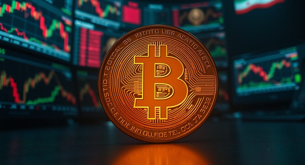 Bitcoin coin in foreground with trading monitors and Iran news in dark background