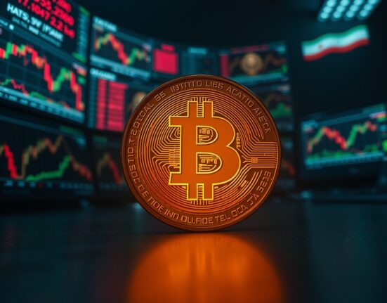 Bitcoin coin in foreground with trading monitors and Iran news in dark background