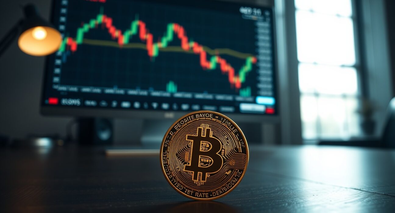 Bitcoin coin on table with a computer monitor showing a declining stock chart and Fed news in the background.