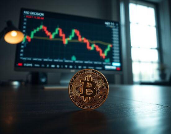 Bitcoin coin on table with a computer monitor showing a declining stock chart and Fed news in the background.