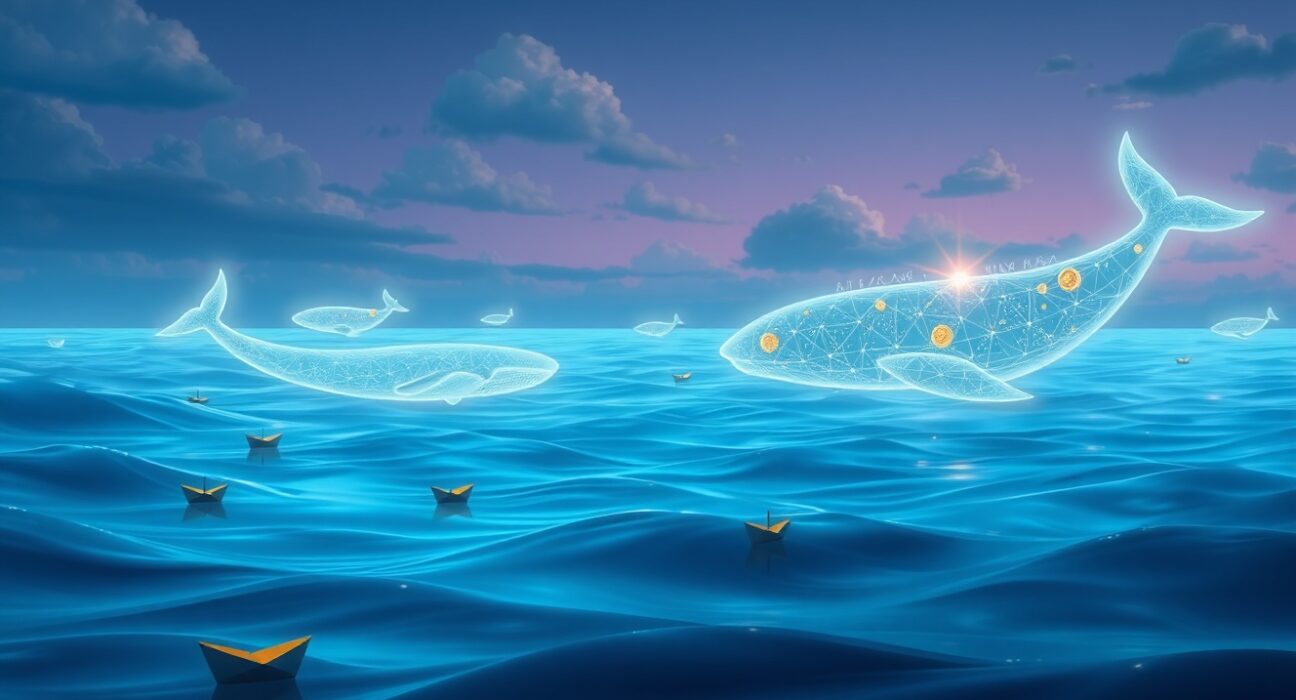 Conceptual art of the Bitcoin market divide between retail investor losses and whale accumulation during a correction.