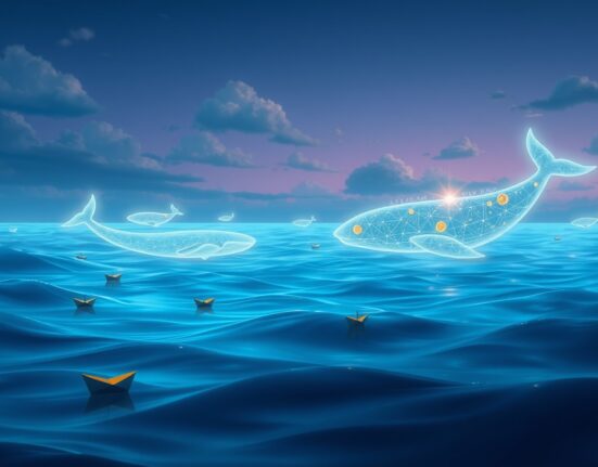 Conceptual art of the Bitcoin market divide between retail investor losses and whale accumulation during a correction.