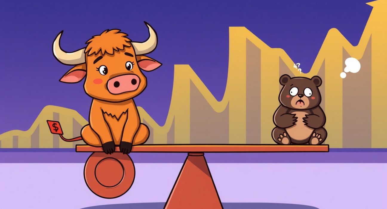 A cartoon bull patiently waiting during a temporary Bitcoin correction, symbolizing long-term holder confidence.