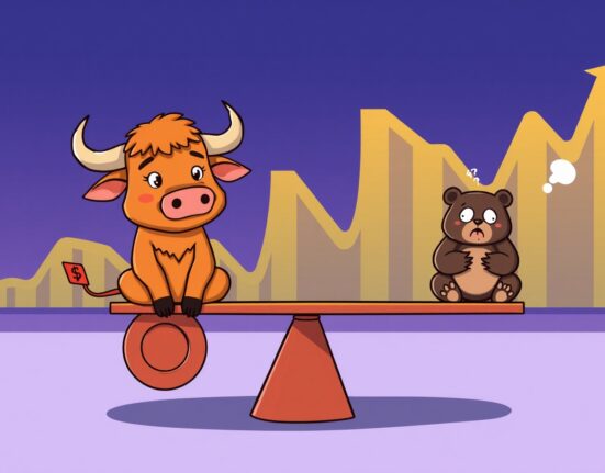 A cartoon bull patiently waiting during a temporary Bitcoin correction, symbolizing long-term holder confidence.