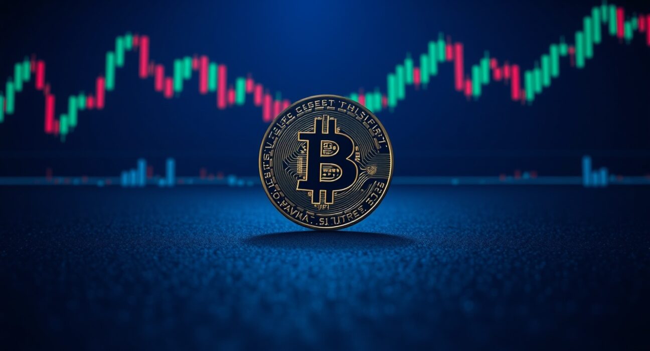 Bitcoin coin with futures trading charts and downward trend indicators signaling a potential correction.