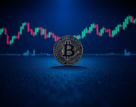 Bitcoin coin with futures trading charts and downward trend indicators signaling a potential correction.