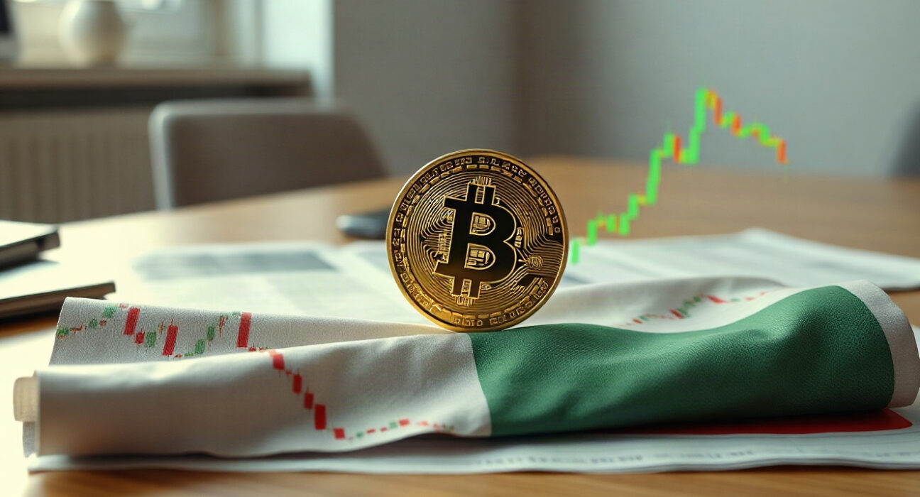 Bitcoin coin on stock market charts illustrating decoupling from U.S. stocks