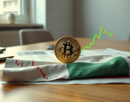 Bitcoin coin on stock market charts illustrating decoupling from U.S. stocks