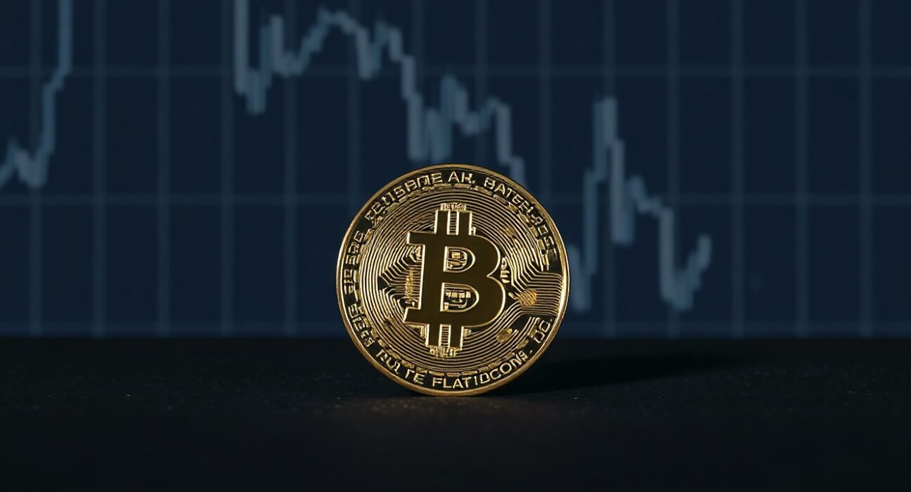 Bitcoin coin on dark surface with downward chart in background, representing bearish price prediction