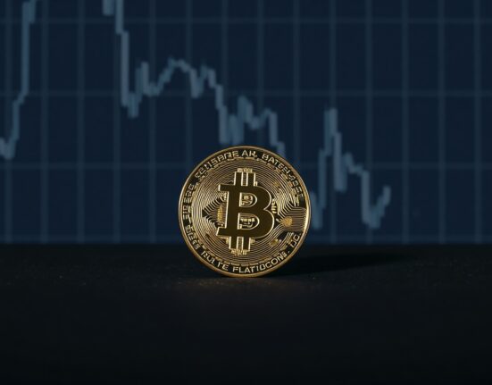 Bitcoin coin on dark surface with downward chart in background, representing bearish price prediction