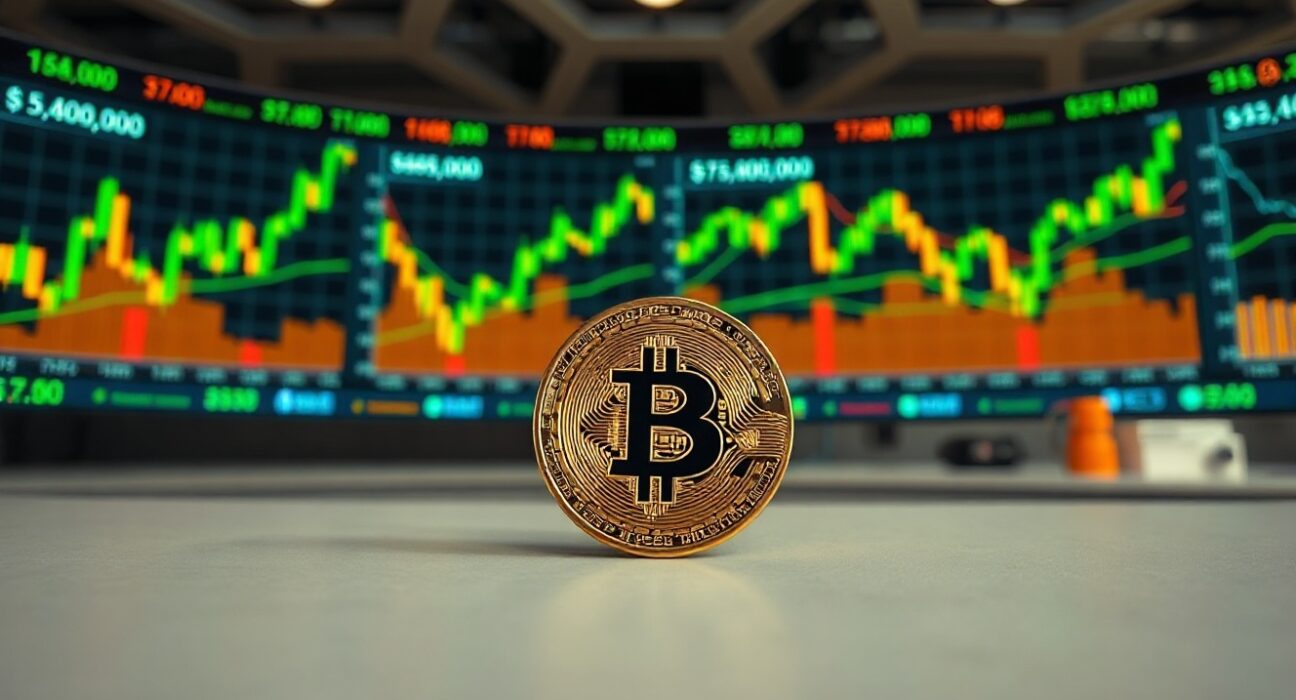 Bitcoin coin on a trading desk with monitors showing price charts and key resistance levels.