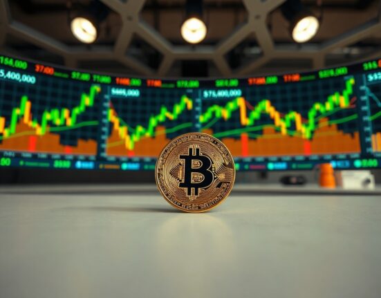 Bitcoin coin on a trading desk with monitors showing price charts and key resistance levels.