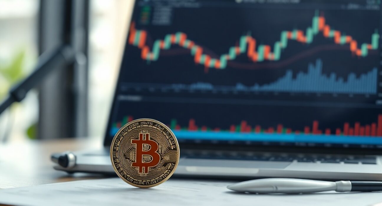 Bitcoin coin on a desk with a trading chart in the background, representing market analysis after CPI release.