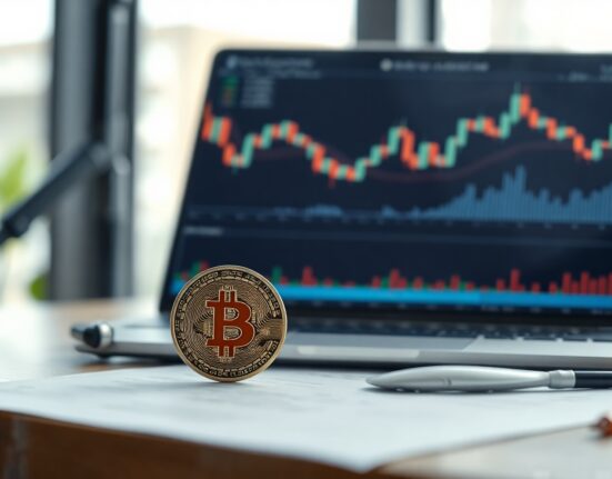 Bitcoin coin on a desk with a trading chart in the background, representing market analysis after CPI release.