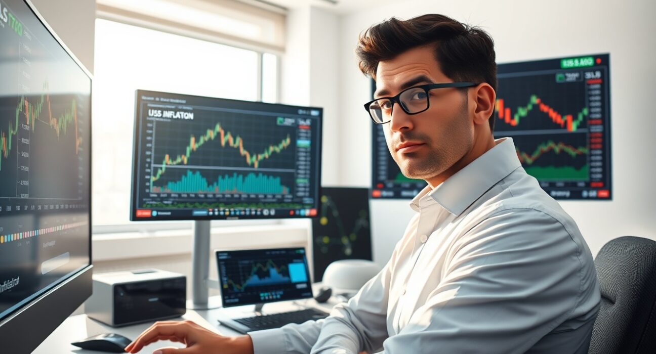 Financial analyst examining Bitcoin and inflation data charts in trading environment