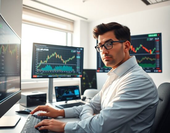 Financial analyst examining Bitcoin and inflation data charts in trading environment