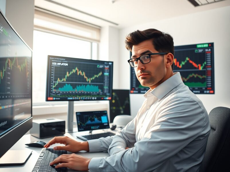 Financial analyst examining Bitcoin and inflation data charts in trading environment