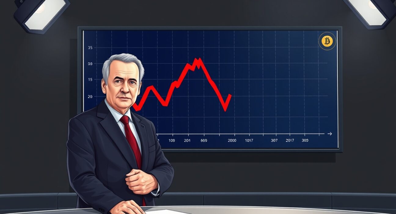 Peter Schiff predicts Bitcoin crash to near zero in a news studio with a falling BTC chart