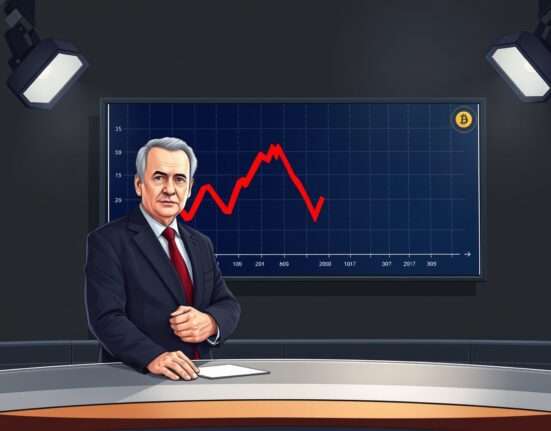 Peter Schiff predicts Bitcoin crash to near zero in a news studio with a falling BTC chart