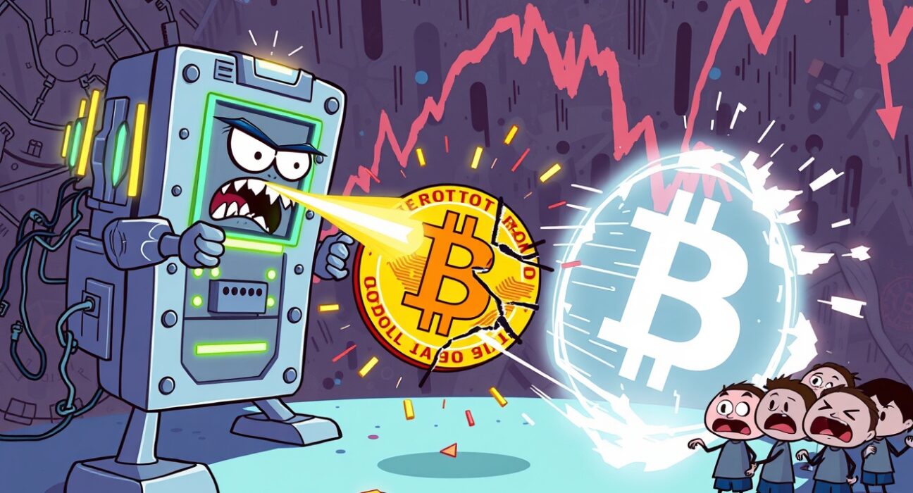 A cartoon Bitcoin coin under threat from a quantum computer, highlighting the urgent need for quantum defense.