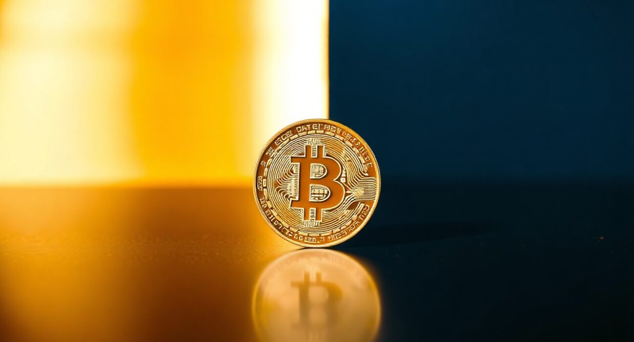 Bitcoin coin on a dark surface with split lighting representing a critical market inflection point