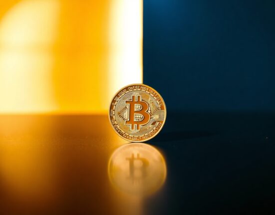Bitcoin coin on a dark surface with split lighting representing a critical market inflection point