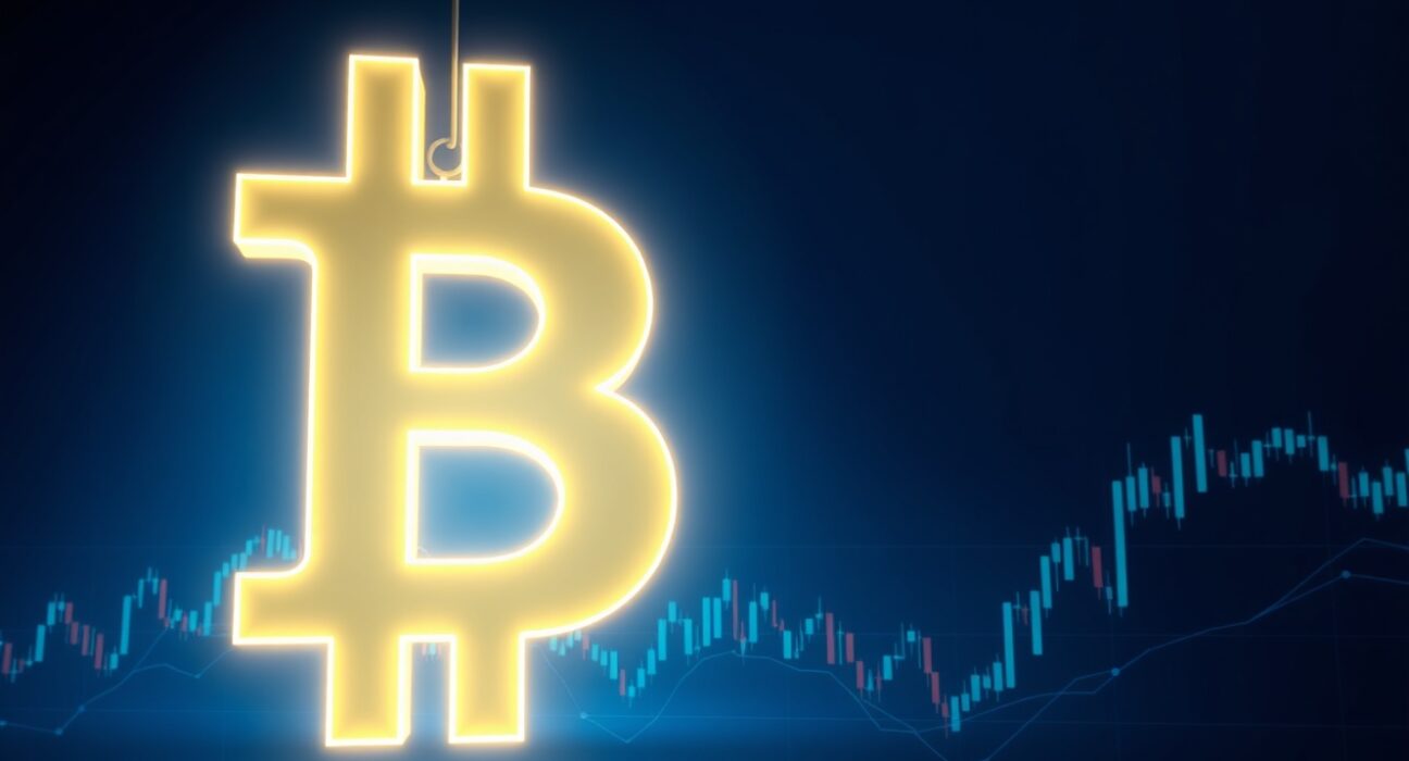 Bitcoin symbol hovering above volatile market chart representing current monitoring zone and recovery analysis