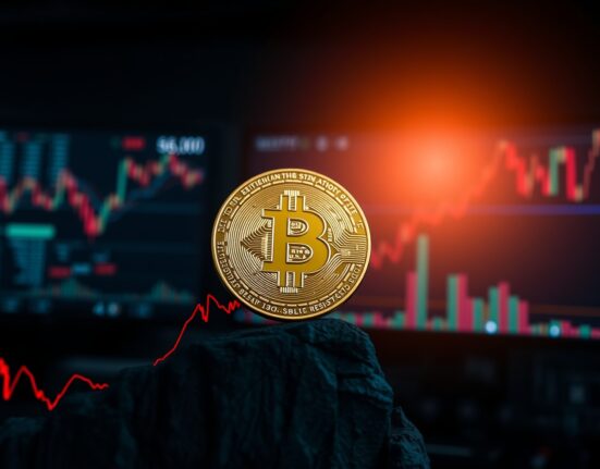 Bitcoin coin balanced on a digital cliff edge with a red $68,000 resistance line, representing a critical price test.
