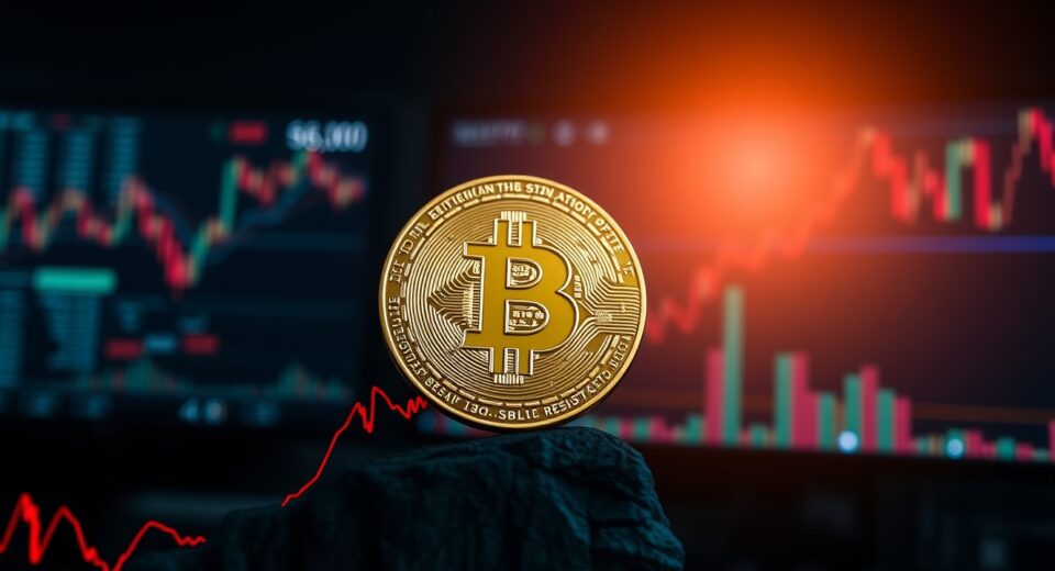 Bitcoin coin balanced on a digital cliff edge with a red $68,000 resistance line, representing a critical price test.