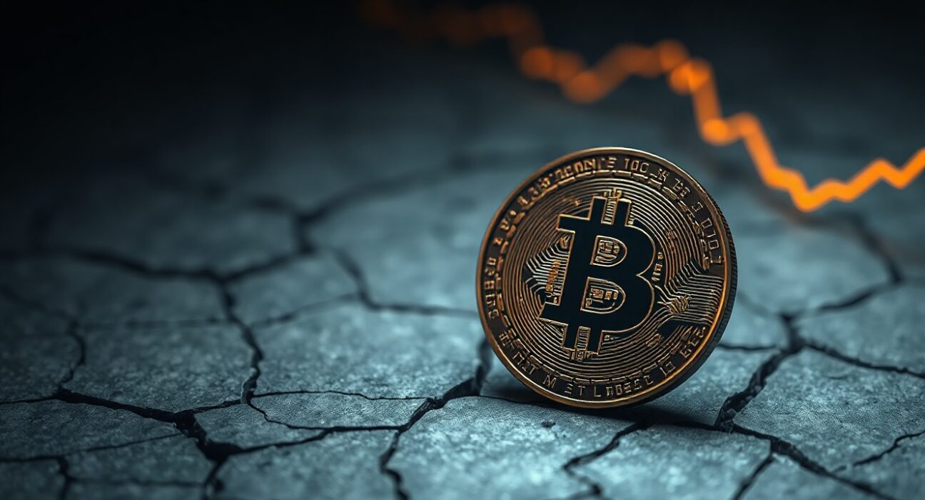 Bitcoin coin on cracked stone surface with a faint orange chart line fading into the background.