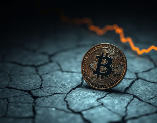 Bitcoin coin on cracked stone surface with a faint orange chart line fading into the background.
