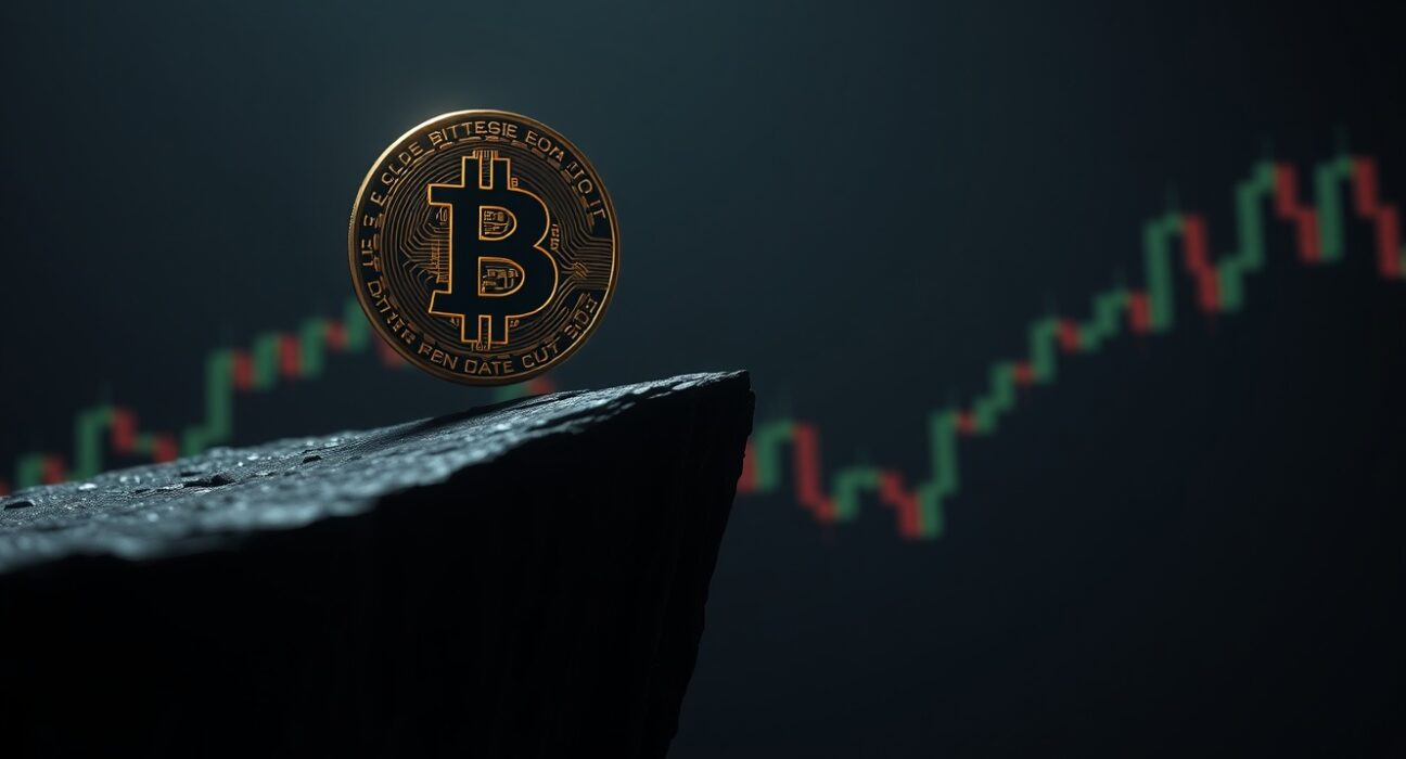 Bitcoin coin balanced on a digital cliff edge with candlestick charts in background