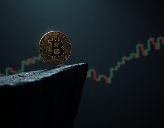 Bitcoin coin balanced on a digital cliff edge with candlestick charts in background