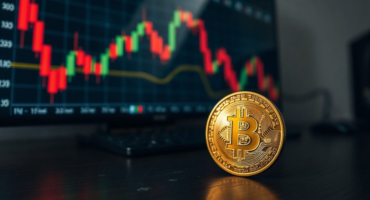 Bitcoin coin on a desk with a blurred stock chart screen in the background