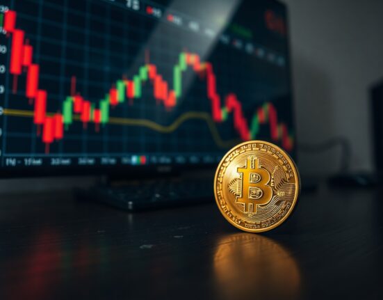 Bitcoin coin on a desk with a blurred stock chart screen in the background