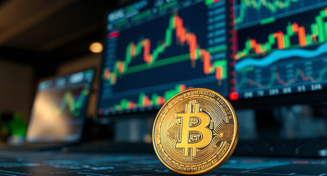 Bitcoin coin on a trading desk with financial charts and economic data in the background.