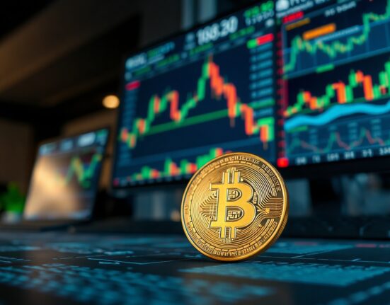 Bitcoin coin on a trading desk with financial charts and economic data in the background.