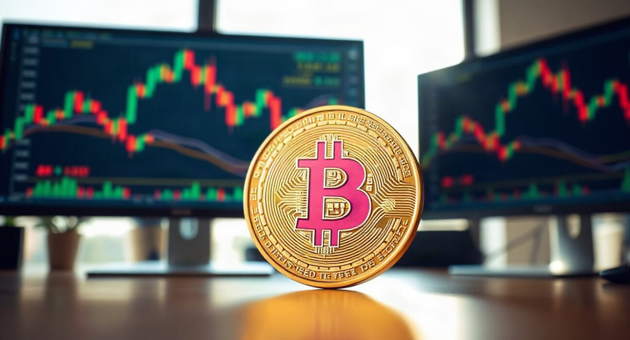 Bitcoin coin in front of a trading chart on a monitor in a modern office
